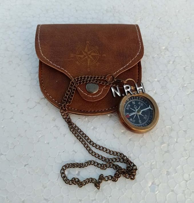 Brass Compass with Leather Case and Chain Locket Compass Navigation Compass Best Distributing Gift Graduation Gift Groomsmen Gift