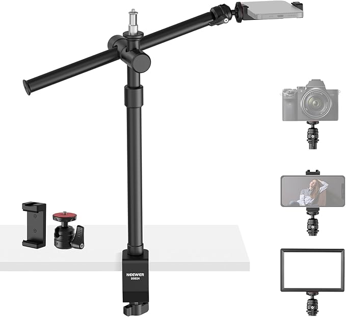 NEEWER Overhead Camera Desk Mount with Swivel Boom Arm, 1/4" Ball Head, Phone Holder & C Clamp, 22"/55.5cm Adjustable Webcam Mic Stand for LED Light Microphone Streaming Zoom Video Recording, DS024