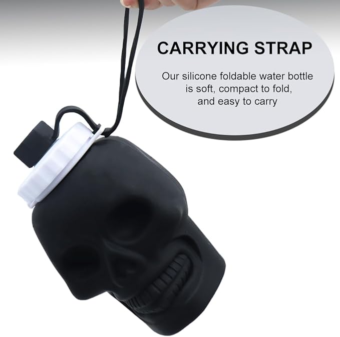 Collapsible Silicone Water Bottle 22oz/650ml, Skull Pattern Foldable Water Bottle, BPA-Free Leak-Proof Reusable Portable Drinking Bottle for Sports Travel Camping Outdoor, Black