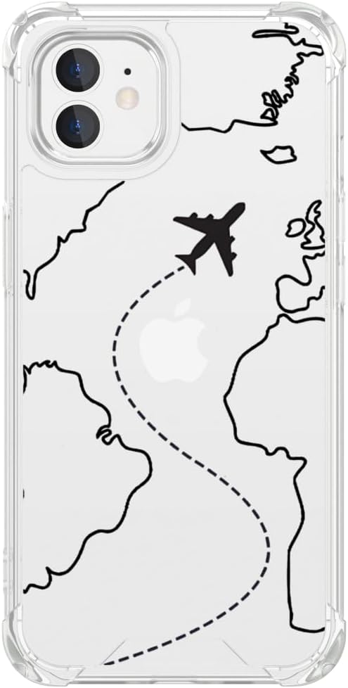 FANXI Minimalist Airplane Travel Map Phone Case Compatible with iPhone 12/12 Pro (6.1 Inch) - Shockproof Clear Soft TPU Protective Cover with Airplane Design for Women Men and Girls