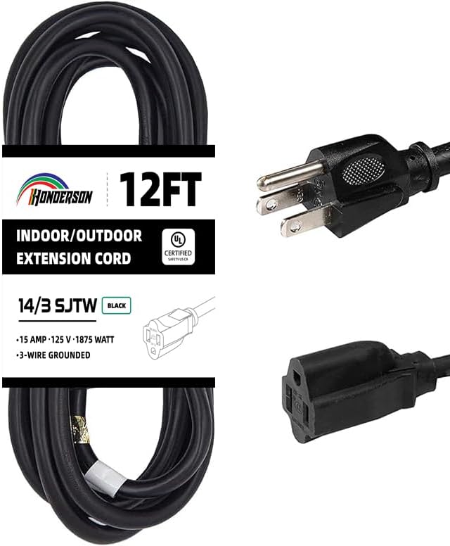 Indoor Outdoor Extension Cord Weatherproof, UL Certified, 14 Gauge 12FT Black 3 Prong Heavy Duty, 14/3 SJTW 15A Power Cord for Outdoor Lights, Appliances, Lawn
