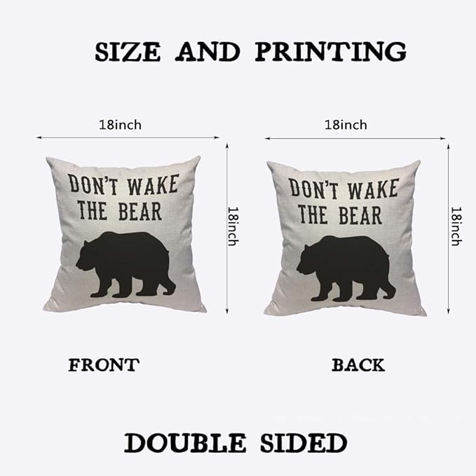 TKS MITLAN Don't Wake The Bear Decorative Pillow Covers Cool Animal Bear Black White Rustic Linen Throw Pillow Covers 18x18 Inch for Sofa Couch Decoration