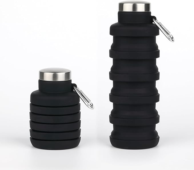 Collapsible Water Bottles,16oz Capacity Portable Reusable Silicone Water Bottle,Leak-proof,with buckle,foldable storage,Lightweight Durable for Fitness,Cycling,Sports,Camping,Hiking (Deep Black)