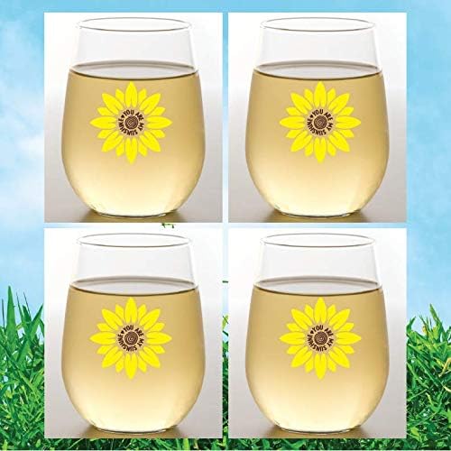 Set of 4 Shatterproof Designer 16 oz Plastic Wine Glasses MADE in the USA (SUNFLOWERS)
