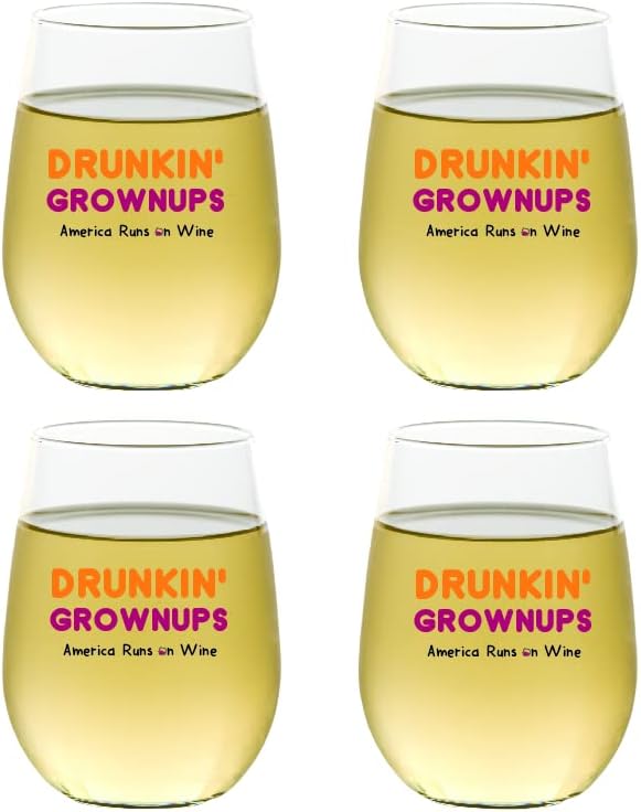 Set of 4 Shatterproof Designer 16 oz Plastic Wine Glasses MADE in the USA (DRUNKIN' GROWNUPS)