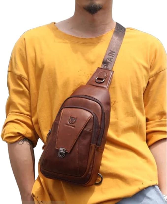 Hebetag Leather Sling Bag Crossbody Backpack for Men Women Outdoor Travel Work Shoulder Chest Pouch Camping Casual Daypack Coffee 18cm(W) x8cm(D) x30cm(H)(7.08"x3.14"x11.81") approx;