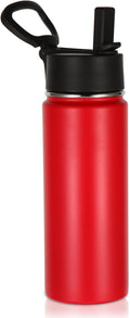 Volhoply 18oz Kids Insulated Water Bottle,Stainless Steel Water Bottles with Straw Lid,Wide Mouth Reusable Metal Water Bottle,Double Wall Vacuum Sports Travel Flask For Cold Drink(Red,1 Set)