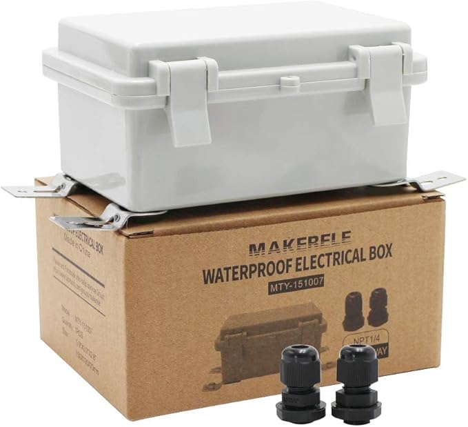 MAKERELE Outside Small Outdoor Junction Box Waterproof Electrical with Lock and Wall Bracket 5.9" 3.9" 2.8" (15010070mm) Hinged Cover Grey Plastic Clip Project ABS Plastic Case with 2 NPT 1/4” Glands