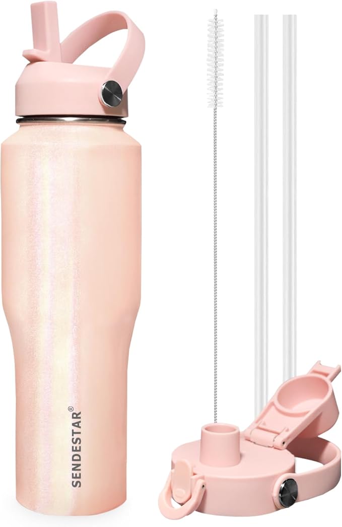 SENDESTAR 32oz Stainless Steel Water Bottle(Cold for 48 Hrs, Hot for 24 Hrs),Double Wall Vacuum Insulated Bottle with Straw Lid, Spout Lid and Flex Cap, Fit in Any Car Cup Holder,Laser Pink