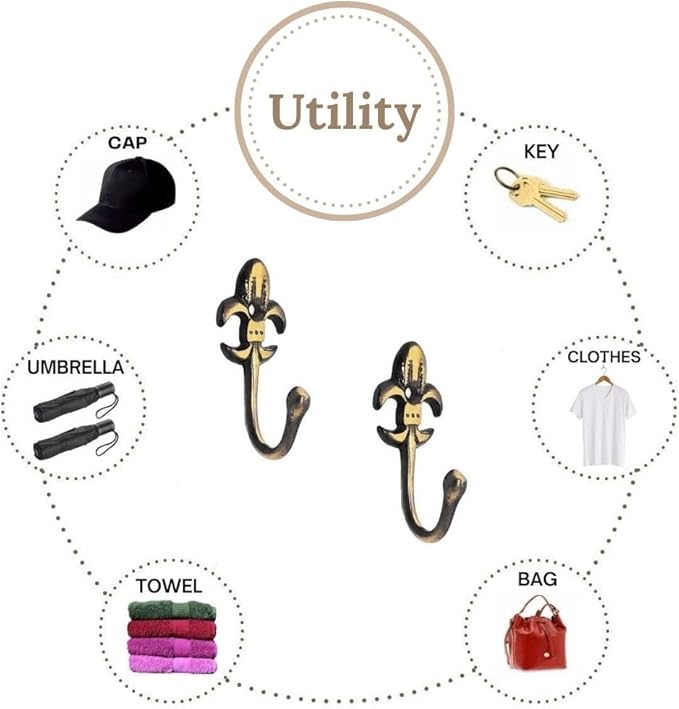 FAPBADRI Multipurpose Hooks, Used to Hang Clothes, Bags, Coats, Curtain Hold Backs, Keys, Colour - Antique Gold, Material - Brass, Royal Design, Screws and Wallplugs Included, Pack of 4 Pieces