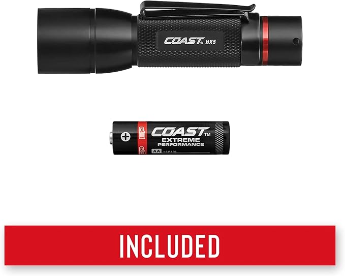 Coast HX5 410 Lumen LED Flashlight, Pure Beam Focusing, Slide Focus, Pocket Clip, Weatherproof, Pocket Sized, Black