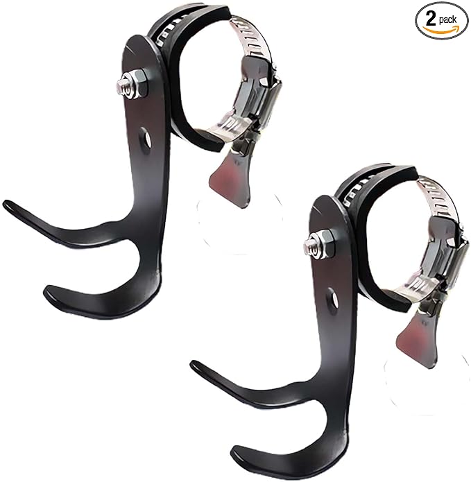 Adjustable Handlebar Hook Mount, Universal Pole Storage Hook, Black Metal Clamp Design (Double, 2pcs)