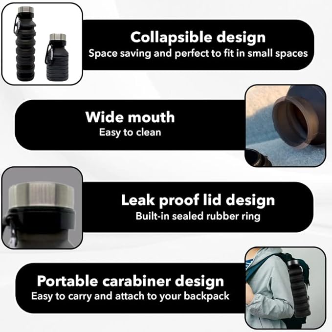 Gadgetime USA Collapsible Water Bottle (Black) - Reusable, BPA Free, Silicone, Foldable Portable & Leak Proof - Water Bottles for Travel Gym Camping Hiking - Sports Water Bottle with Carabiner