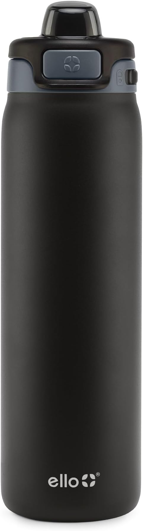 Ello Pop & Fill 22oz Stainless Steel Water Bottle with Quick Fill Technology, Double Walled and Vacuum Insulated Metal, Leak Proof Locking Lid, Sip and Chug, Reusable, BPA Free, Tonal Black