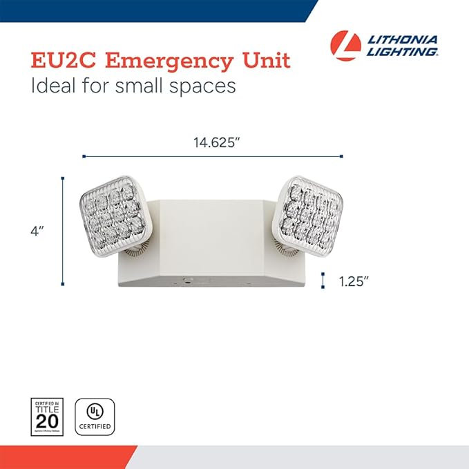 Lithonia Lighting Basics LED Emergency Light, Dual Adjustable Heads, Wall Mount, Damp Rated, 90-Min Backup, 120/277V, White, 2-Pack (EU2C CP2), Deal for stairways, hallways, and Egress Paths