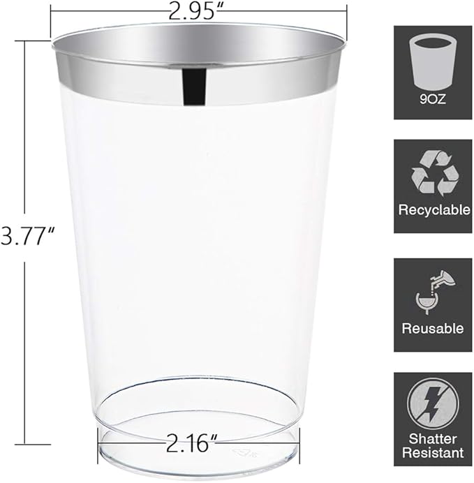 I00000 200pcs Silver Disposable Plastic Cups 10 oz Clear Plastic Cups Old Fashioned Tumblers Silver Rim Cup Disposable Elegant Silver Wine Glasses Cocktail Cup