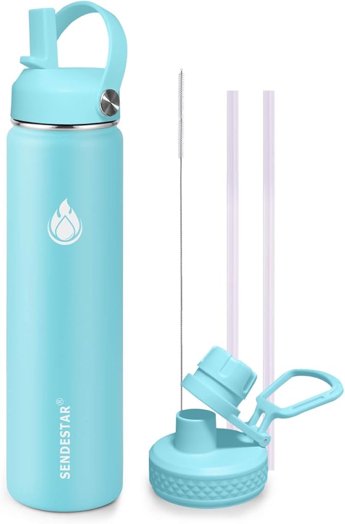 SENDESTAR Stainless Steel Wide Mouth Water Bottle 24oz Double Wall Vacuum Insulated Leak Proof Bottle with New Flex Straw Lid & Spout Lid