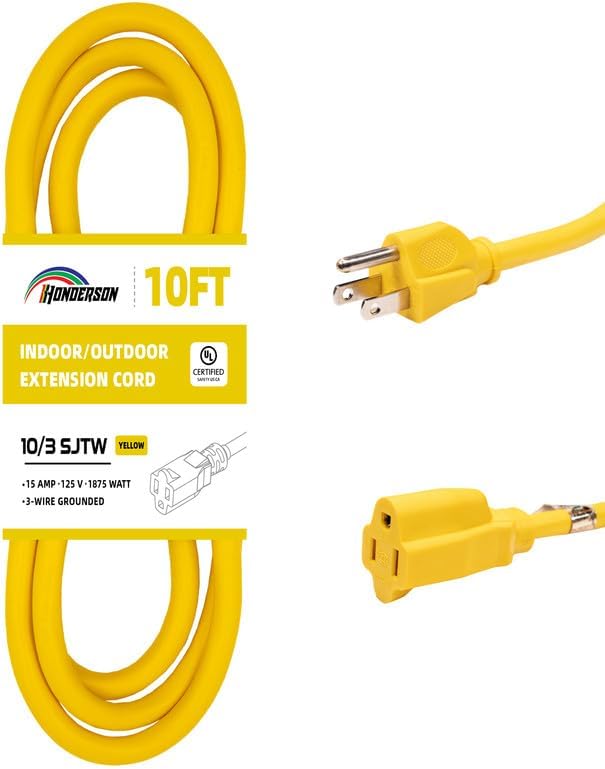 Indoor Outdoor Extension Cord Weatherproof, UL Certified, 10 Gauge 10FT Yellow 3 Prong Heavy Duty, 10/3 SJTW 15A Power Cord for Outdoor Lights, Appliances, Lawn