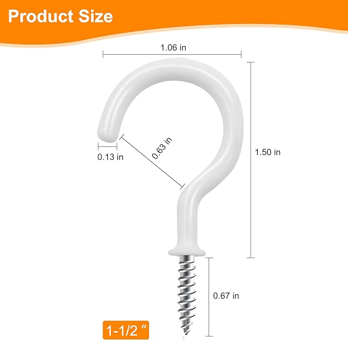 Cup Screw Hooks,1-1/2 Vinyl Coated Ceiling 45 Pack Screw in Hooks Plant Hanger Wind Chimes Kitchen Cup Hooks Great for Hanging Indoor & Outdoor Use(White)