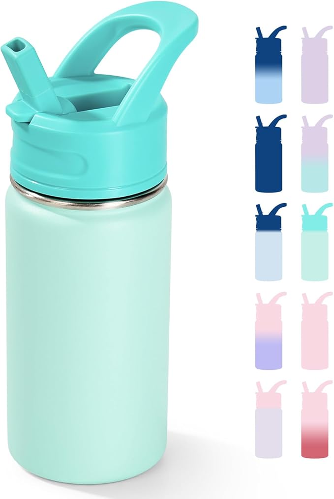 Fijinhom 12oz Kids Water Bottle for School, Toddler Bottles with Straws, Stainless Steel Vacuum Insulated Water Bottle for Boys&Girls, Leak-Proof, BPA-Free, Serenity