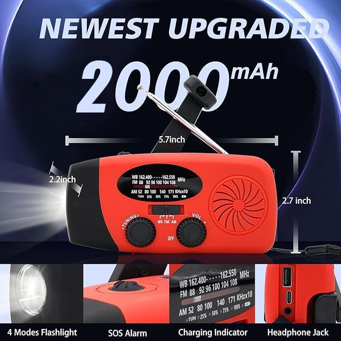 2000MAH Emergency Hand Crank Radio, Portable Survival Solar Radio AM FM NOAA Weather Radio with Earphone Jack SOS Alarm 4 Modes LED Flashlight, Portable Phone Charger Type-C charger for Camping Hiking
