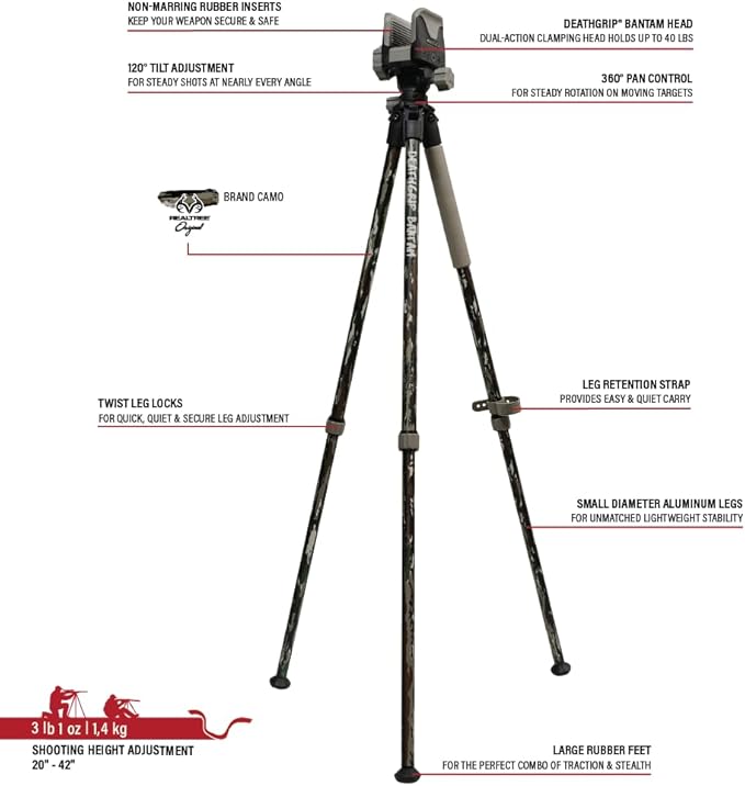 BOG DeathGrip Aluminum Tripod with Durable Frame, Lightweight, Stable Design, Bubble Level, Adjustable Legs, Shooting Rest, and Hands-Free Operation for Hunting, Shooting, and Outdoors