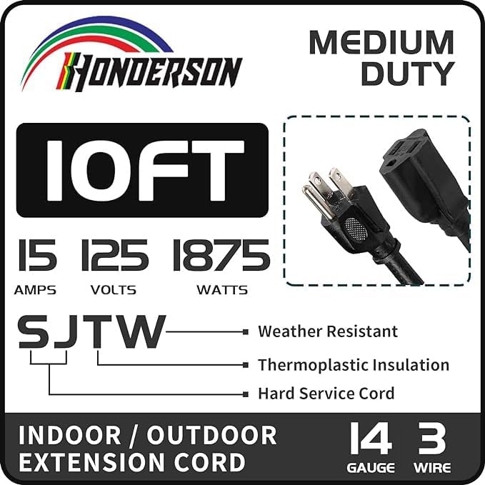 Indoor Outdoor Extension Cord Weatherproof, UL Certified, 14 Gauge 10FT Black 3 Prong Heavy Duty, 14/3 SJTW 15A Power Cord for Outdoor Lights, Appliances, Lawn