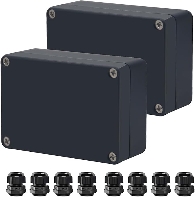 Project Box ABS Black Electrical Boxes IP65 Outdoor Waterproof Box Electronic Junction Box Power Enclosure with Cable Glands for DIY Project 3.3x2.3x1.3inch(83 x 58 x 33 mm)