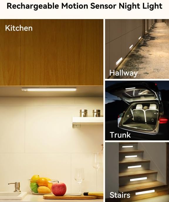 Under Cabinet Lighting 8 Inch 6-Pack, Rechargeable Motion Sensor Light Indoor, Dimmable Closet Lights 3 Color Temps, Wireless Under Counter Lights for Kitchen, Stairs