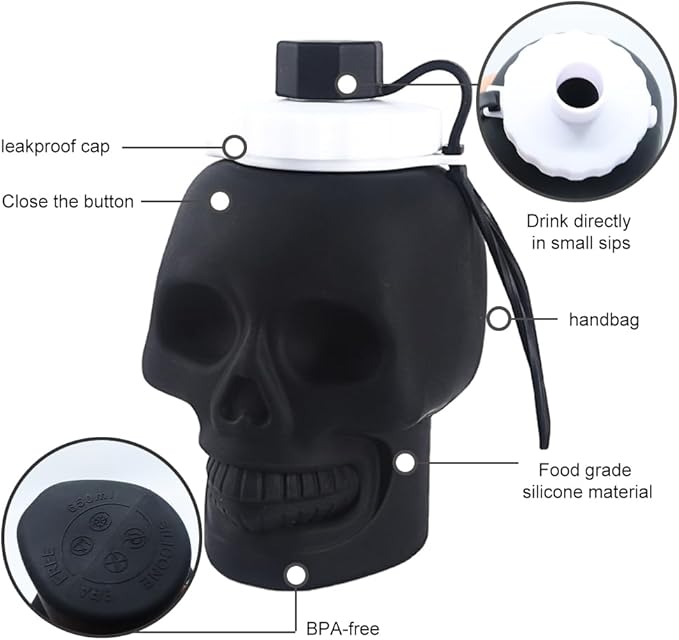 Collapsible Silicone Water Bottle 22oz/650ml, Skull Pattern Foldable Water Bottle, BPA-Free Leak-Proof Reusable Portable Drinking Bottle for Sports Travel Camping Outdoor, Black