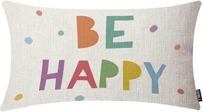 EKOBLA Be Happy Home Decorative Rectangle Pillow Cases Colorful Dots Cheerful Typography Lumbar Cotton Linen Throw Pillow Covers Cushion Case Rectangle Oblong 12x20 Inches