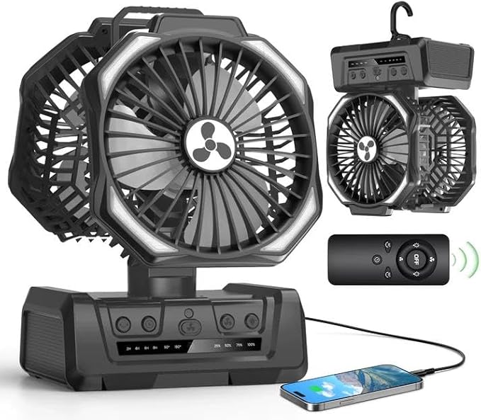 Dual Head Portable Rechargeable Fan 20000mAh Battery Powered Fan Camping Cordless with 360° Air Delivery, LED Lantern & Remote, Auto Oscillation, Battery Operated for Tent Office Travel Picnic Jobsite
