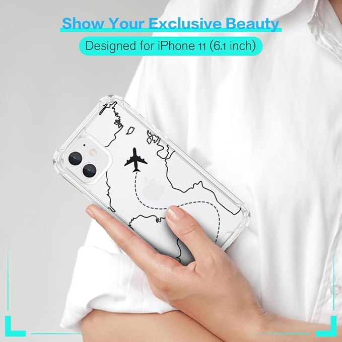 FANXI Minimalist Airplane Travel Map Phone Case Compatible with iPhone 11 (6.1 Inch) - Shockproof Clear Soft TPU Protective Cover with Airplane Design for Women Men and Girls
