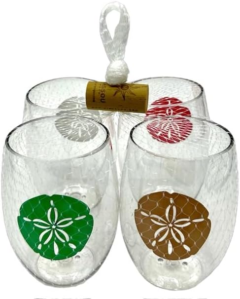 Set of 4 Shatterproof Designer 16 oz Plastic Wine Glasses MADE in the USA (SAND DOLLARS)