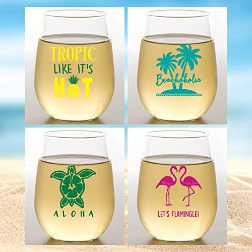 Set of 4 Shatterproof Designer 16 oz Plastic Wine Glasses MADE in the USA (TROPICAL)