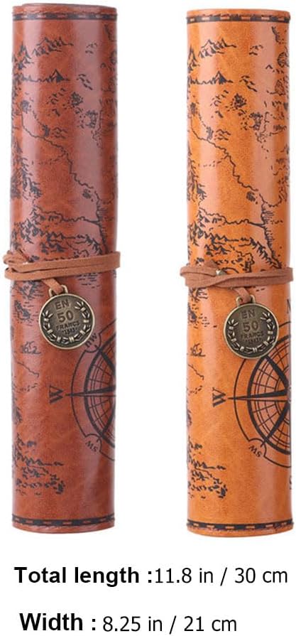 MAGICLULU Retro Treasure Map Roll up Pencil Case Leather Large Capacity Pencil Pouch Organizer for Art Supplies and Makeup Brushes 8.19X8.19 Inches