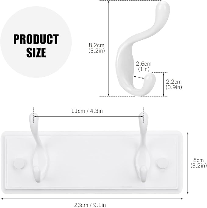 Badiano Wooden Coat Rack, Wall-Mounted Organizer for Closet, Entryway, Hallway, Foyer, Bedroom, Heavy Duty Double Hooks for Hanging Towels, Bags, Hats, Jackets, Key (White, 2 Hooks)