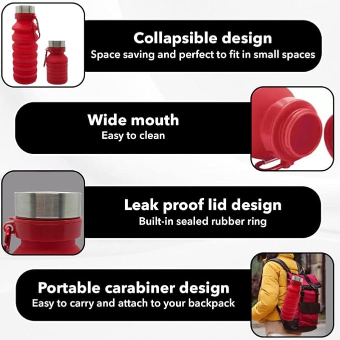 Gadgetime USA Collapsible Water Bottle (Red) Reusable, BPA Free, Silicone, Foldable Portable & Leak Proof - Water Bottles for Travel Gym Camping Hiking - Sports Water Bottle with Carabiner