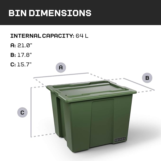 DECKED Payloader 64 L (1-Pack) - 200 lb Load Rated, Heavy-Duty Stackable Garage Storage Bins - Ranger Green