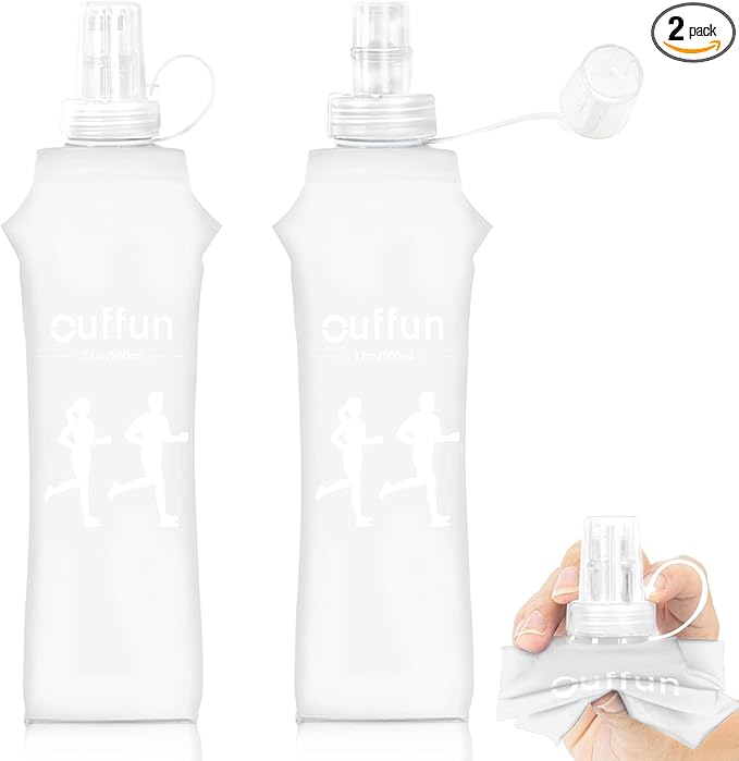 2 Pack Soft Water Bottle, TPU Collapsible Flask Foldable Bottles for Hydration Pack, BPA-Free, Running Lightweight Water Bottle for Outdoor Sports like Hiking Cycling Climbing Running (17OZ/500ml)