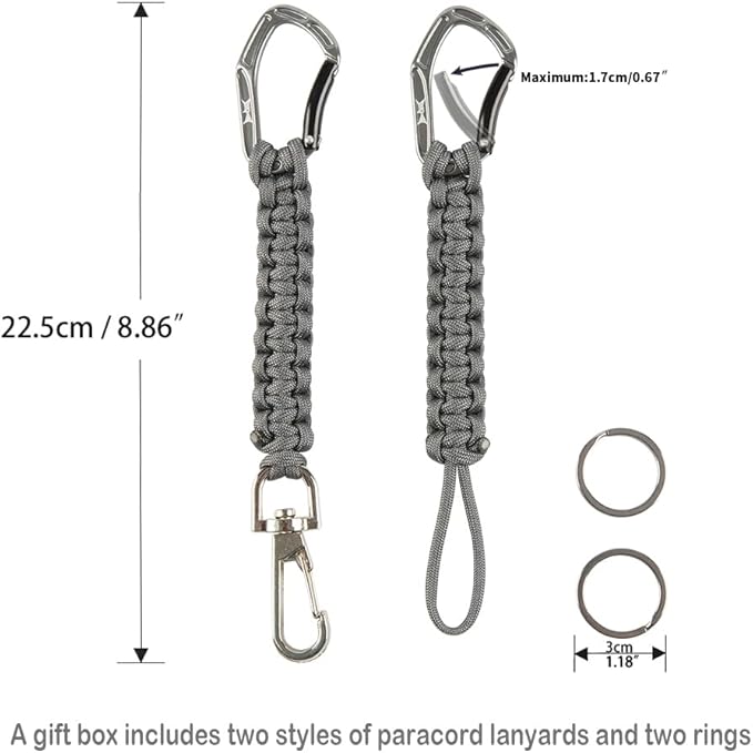 HERCULES Paracord Keychain Set – 2 Pack Lanyard Rope with Aluminum Clip, Durable Paracord Wrist Strap for Outdoor Activities, Gray