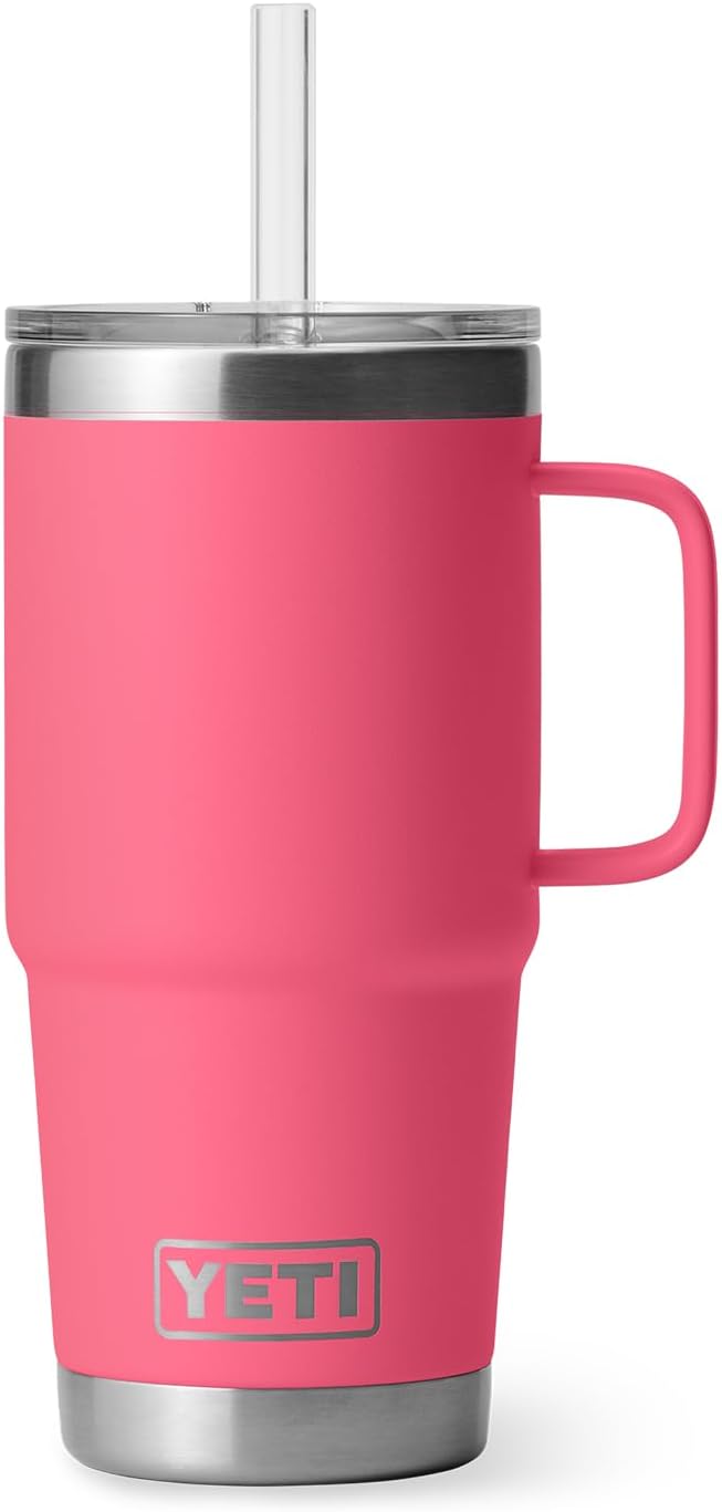 YETI Rambler 25 oz Tumbler with Handle and Straw Lid, Travel Mug Water Tumbler, Vacuum Insulated Cup with Handle, Stainless Steel, Tropical Pink