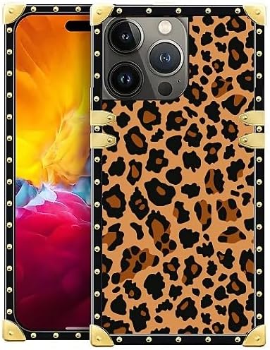 Compatible with iPhone 15 Pro Max Case, Brown Leopard Texture Luxury Golden Decoration for Girl Women Soft TPU Shockproof Protective Hard PC Back for iPhone 15 Pro Max