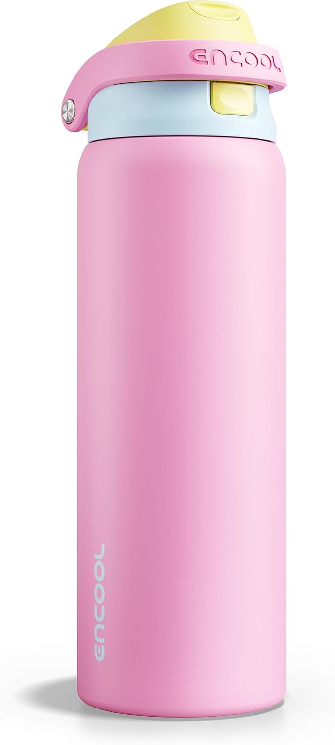 ENCOOL Leakproof Insulated Water Bottle with Straw Dual-Sip Water Bottle Bag-Safe Design for Work, Commute & Gym – Keeps Drinks Cold All Day, 32 oz, Shell Pink