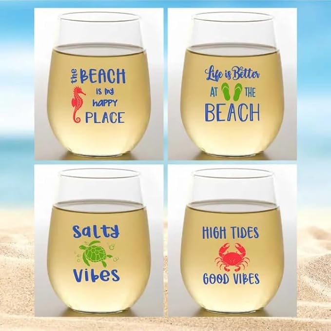 Set of 4 Shatterproof Designer 16 oz Plastic Wine Glasses MADE in the USA (BEACH LIFE)