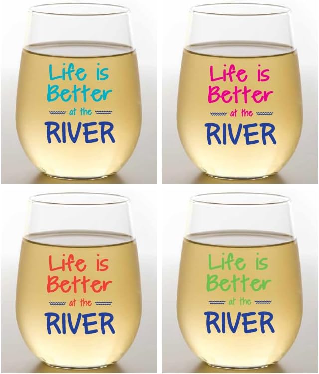 Set of 4 Shatterproof Designer 16 oz Plastic Wine Glasses MADE in the USA (RIVER)