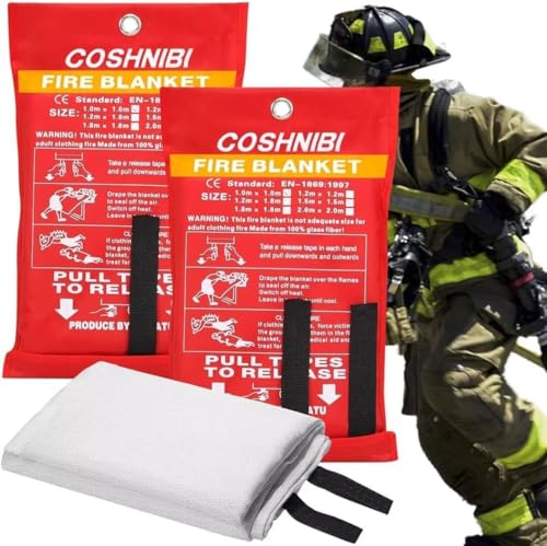 COSHNIBI Emergency Fire Blanket for Home & Kitchen - High Heat Resistant Fire Suppression Blanket （2 Pack）