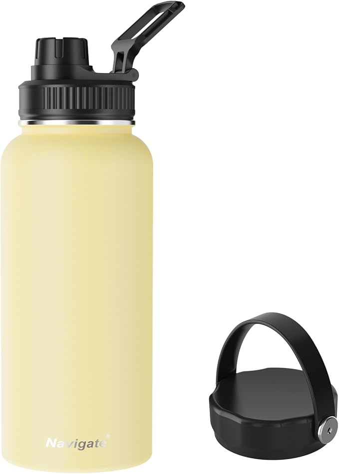 Navigate 32 oz Insulated Stainless Steel Sports Water Bottle with Spout & Handle Lids,Wide Mouth Water Jug with Double Walled Leak Proof Keep Cold for 24 Hrs Hot for 12 Hrs,Faint Yellow
