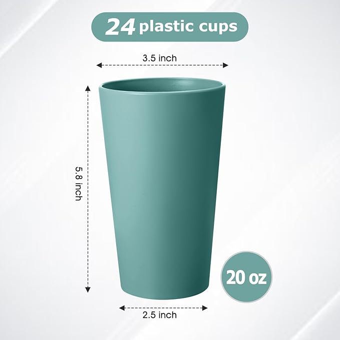 HEYCOME 24 Pcs Unbreakable Plastic Cups Set, 20 oz Reusable Plastic Cups, Stackable Water Tumblers, Drinking Cup for Kitchen, Outdoor, BPA-free, Dishwasher Refrigerator and Microwave Safe, Dark Green