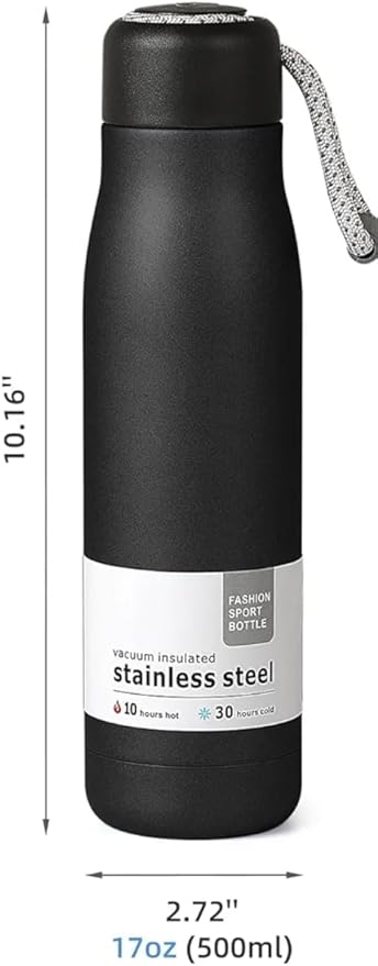 Dusgut Water Bottle with Portable Lid Metal Thermos Vacuum Insulated Stainless Steel | Reusable Leak Proof BPA-Free Flask | 17oz, Black